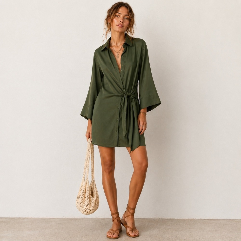 Gianni Bini Olive Green Tie Waist Button Down Shirt Dress Womens Size XS Office